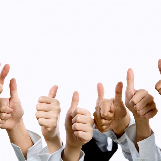 People raise their thumb up above over the white background